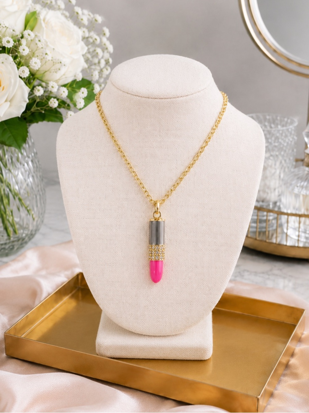 Kate Spade Lipstick Pendant Necklace Gold Tone Pink Statement NWOT